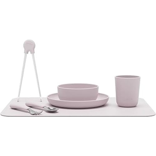 Lalo Big Bites Kids Dinnerware Full Set - Dishwasher Safe, BPA Free, Kids Tableware Set - Includes Stackable Bowl, Plate, Utensils & Cup - 7 Pieces - Lavender