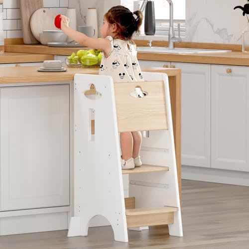 COSYLAND Toddler Standing Tower Adjustable Height - Super Stable Kids Kitchen Stool Helper - 3 Levels Adjustable Wooden Toddler Kitchen Stool (Natural & White)