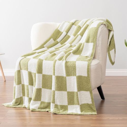 PAVILIA Plush Knit Throw Blanket for Couch Sofa Bed, Super Soft Fluffy Fuzzy Lightweight Warm Cozy All Season, Plaid Sage Green/Throw - 50x60