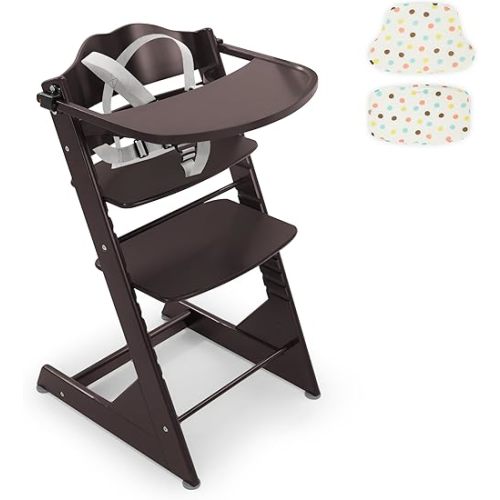 Convertible Wooden High Chair for Babies and Toddlers - Baby Feeding Chair& Toddler Dining Chair with Removable Tray, Cushion and Harness, Espresso