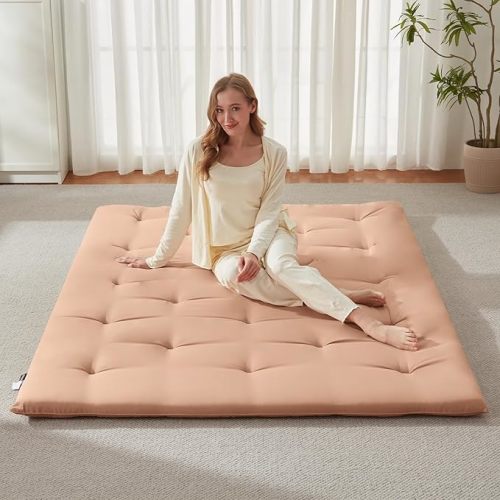 Japanese Floor Futon Mattress Full Size 54"x 80", Foldable Bed Mattress, Portable Tatami Mat Sleeping Pad, Folding Futon Cushion, Roll Up Floor Lounger for Guest Room Dormitory (Khaki)