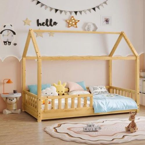 AMERLIFE Twin Size House Bed for Kids, with Guardrails, Removable Rails, Playhouse Roof, Montessori Wooden Floor Bed Frame, Natural Wood