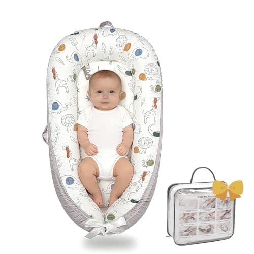 Baby Lounger-Breathable and Soft Organic 100% Cotton, Portable Infant Lounger with Removable Lounger Cover, Floor Lounger for Newborn - Crocodile & Elephant