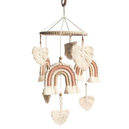 Rainbow Crib Mobile for Girls - Handmade Macrame Boho Baby Mobile, Natural (Pink)