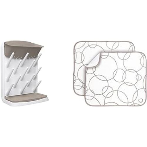 Ubbi Space Saving Baby Bottle Drying Rack with 13 Pegs, Removable Top and Bottom Trays, Set of 2 Microfiber Dish Drying Mats