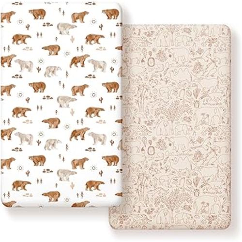 Stretchy Ultra Soft Jersey Knit Fitted Crib Sheets Set 2 Pack，Universal Fit All Standard Crib Mattress Pads Safe and Snug, Crib Fitted Sheet for Boys and Girls, Cute Animals Print