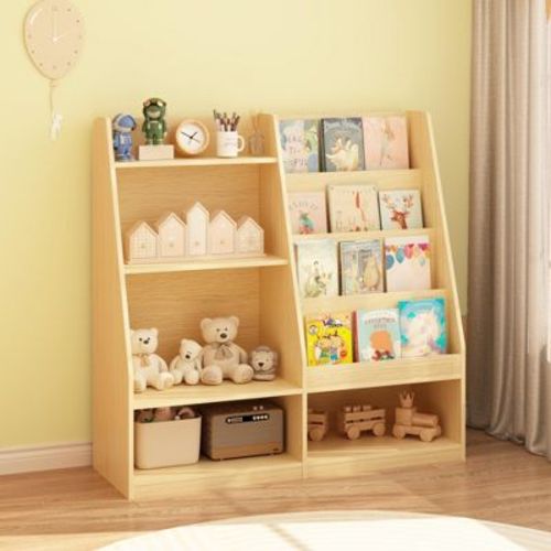 4-Tier Wooden Kids Bookshelf with Toy Storage, Front-Facing Book Display Organizer for Kids Room, Natural