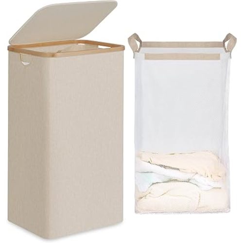 efluky 26 Gal Laundry Basket with Lid and Net Bag, Tall Laundry Hamper with Bamboo Handles, Aesthetic Dirty Clothes Bin for Laundry Room, Bathroom, Bedroom and Dorm, Oatmeal