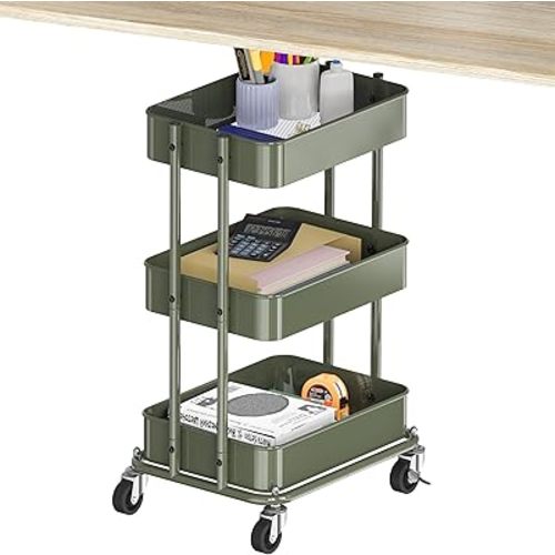 Simple Houseware 3-Tier Compact Utility Rolling Cart, Low 24” Height Fits Under Desk, Space-Saving Storage for Home Office, Dining Room, or Kitchen, Army Green