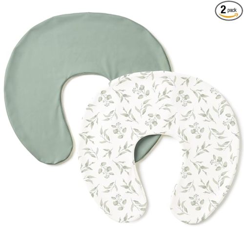 Konssy 2 Pack Nursing Pillow Covers, Soft Stretchy Cover for Breastfeeding | Covers Only, Milk Silk Fabric, Breathable & Machine Washable, Slipcovers for Newborn Baby Boy Girl, (Green, Green Leaves)