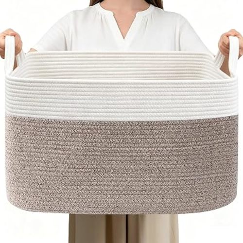 65L Laundry Basket with Handles, Woven Blanket Basket, White/Brown