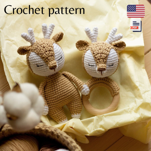 Crochet deer toy and rattle pattern, amigurumi animal pattern ENG