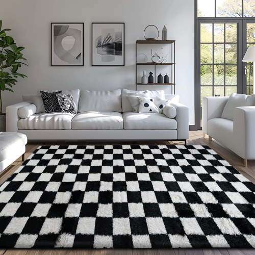 Pentantan 8ft x 10ft Shag Area Rugs for Living Room, Classic Checkered Fluffy Bedroom Carpet, Black & White