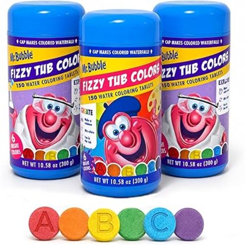 Mr. Bubble Fizzy Tub Colors Bath Water Coloring Tabelets, 6 Bright Colors, Red, Orange, Yellow, Purple, Blue and Green, Fragrance Free, Cap Makes Colorful Waterfall (3 Jars, 450 Tablets)
