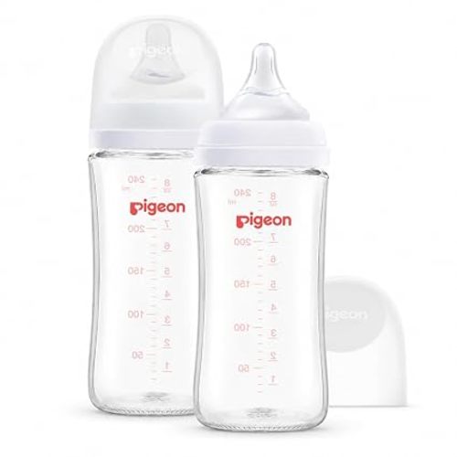 Pigeon Glass Nursing Bottle Wide Neck, Anti-Colic, Streamlined Body, Natural Feel, Easy to Clean, Heat-Resistant, 8.1 Oz (Pack of 2), Includes 2pcs M Nipples (3m+)