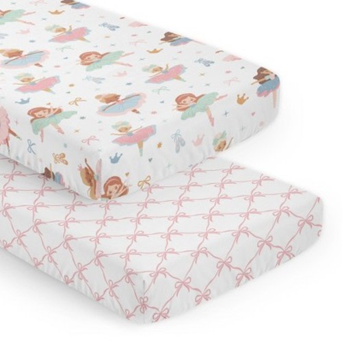 Sweet Jojo Designs Girl Fitted Crib Sheets Set Ballerina and Ballet Bows Pink Blue Green and Orange 2pc