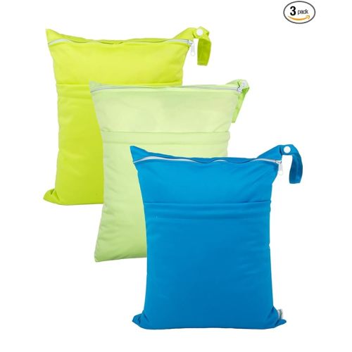 babygoal Wet Dry Bags 3 Pack for Baby Cloth Diapers, Washable Travel Bags, Beach, Pool, Gym Bag for Swimsuits & Wet Clothes with 2 Pockets 3LN10