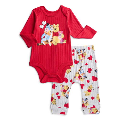 Winnie the Pooh Baby Girls Valentine's Day Long Sleeve Bodysuit with Matching Joggers, 2-Piece Set, Sizes Newborn-12M