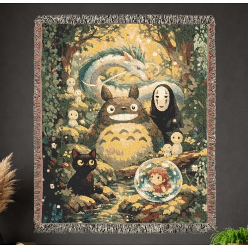 Studio Ghibli Inspired Cotton Woven Blanket - Anime Character Throw Home Decor Gift