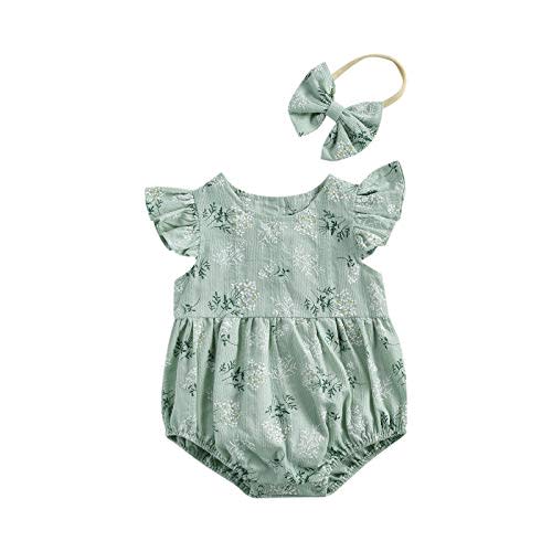 Newborn Baby Girl Romper Floral Ruffle Sleeveless Jumpsuit Cotton Bodysuit with Headband Summer Clothes Outfit