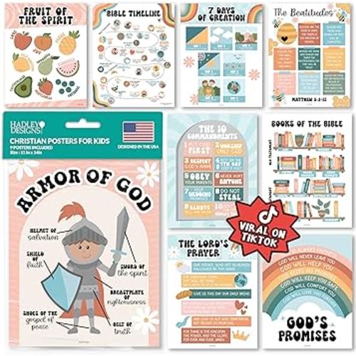 Hadley Designs Sunday School Decorations for Classroom – 9 Bible Posters for Kids, 11x14in Books of the Bible Poster, 10 Commandments, Fruits of the Spirit & More – Retro Christian Classroom Decor