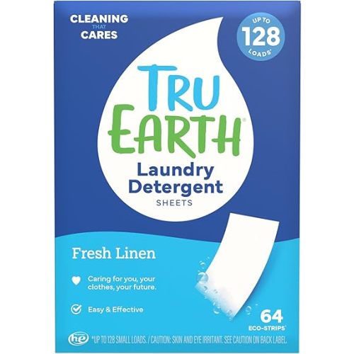 Tru Earth Compact Dry Laundry Detergent - Up to 128 Loads (64 Sheets) - Paraben-Free - Original Eco-Strip Liquidless Detergent, Travel - Fresh Linen | Packaging May Vary