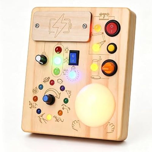 Montessori Busy Board for Toddlers 1-3 Years Old, Wooden Sensory Board with LED Lights, Interactive Activity Toy with Switches, Travel Toy Gift for Boys Girls