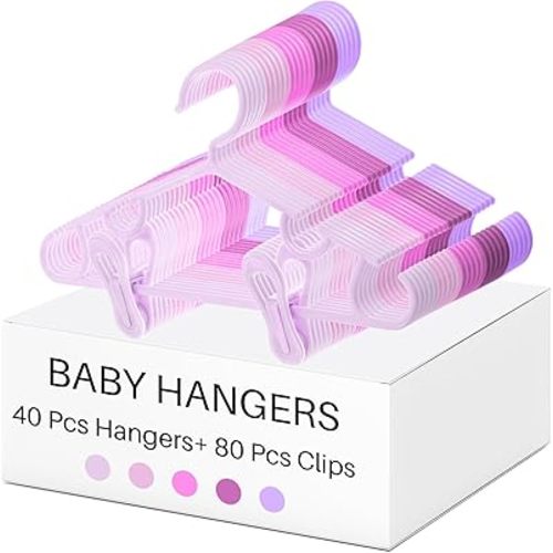 Hsei Nursery Hangers with Clips for Kids Baby Pants Hangers 10/20/40 Newborn Plastic Hanger with 20/40/80 Clip for Closet Toddler Clothes Coat Skirts Socks(Pink Series,120 Packs)