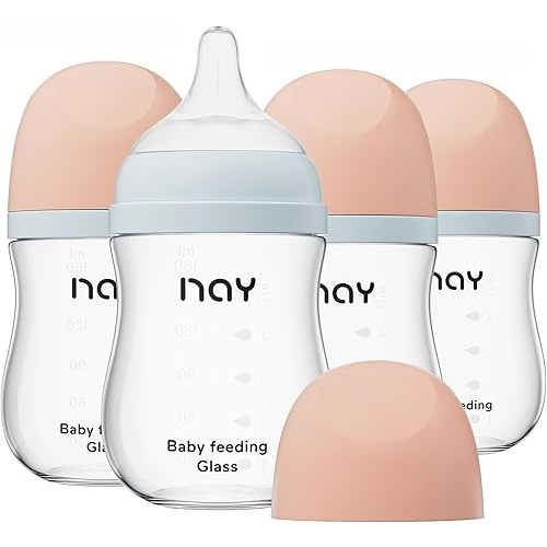 yanyoyo Natural Glass Baby Bottle Wide Neck, Anti-Colic Baby Bottle, Clear, 5.4oz(Pack of 4), Includes 4Pcs Natural Response Nipple(S), 1 Months+