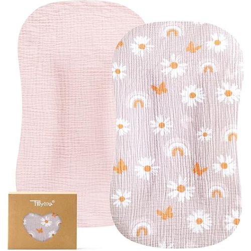 TILLYOU Muslin Baby Lounger Cover, 100% Cotton Newborn Lounger Cover, 2 Pack Baby Nest Slipcover for Boys Girls, Cover Only, Pink Butterfly