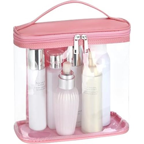 Heavy Duty Leak Proof Clear Travel Bags for Toiletries, Transparent Makeup Cosmetic Bag with Zipper and Handle (Large, 1PCS Pink)