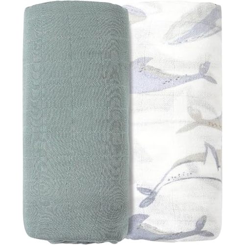 Muslin Swaddle Blankets for Newborns,2 Pack Baby Boys Girls Receiving Blankets Large 43X47 Inches Muslin Burp Cloths,Breathable Soft Swaddle Wrap Baby Essentials(Whale)