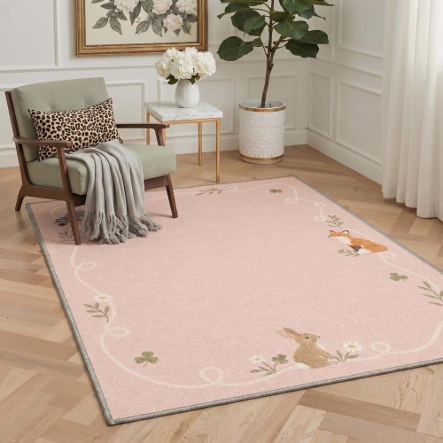 Saren Washable Modern Woodland Animal Pink Rug