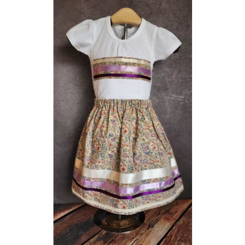Handmade Baby Ribbon Skirt & Shirt Set, 9 - 12M White shirt and  floral cotton shirt with purple ribbon