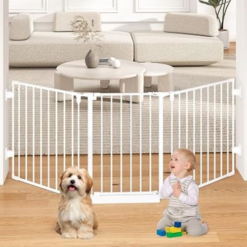 78" Extra Wide Baby Gate, Dog Gates Indoor for Doorways Stairs, Essential Safety Gate for Child, Hardware Mounted Adjustable Pet Gate with Anti-Trip Pedal, 28'' Tall 3 Metal Panels White