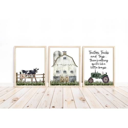 Farmhouse Nursery Prints: Tractor, Barn, Cow - Rustic Barnyard Decor (Set of 3)