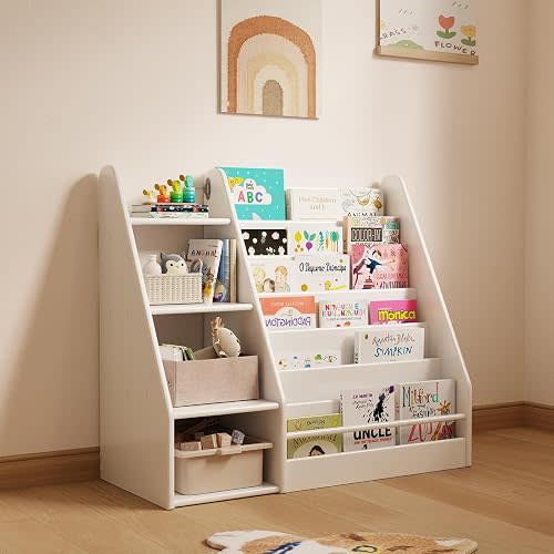 DONGMUWUJEE Solid Wood Kids Bookshelf and Storage Organizer, 7 Layer Children Bookcase, Baby Toddler Wooden Book Shelf, Display Cabinet for Playroom, Bedroom, Classroom, Nursery, School, White