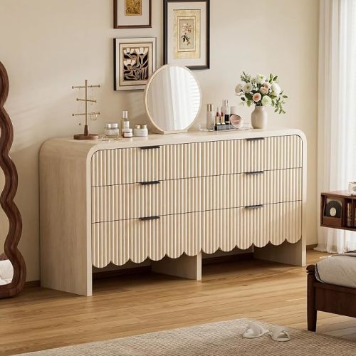 6 Drawer Dresser for Nursery, Wood Storage Dresser with Drawers and Metal Handle, Fluted Dressers TV Stand, Wooden Closet Chest of Drawers for Kids Baby Room, Bedroom (Beige)