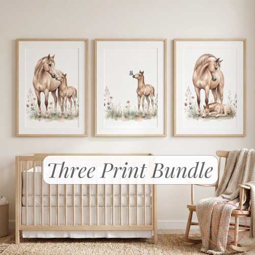 Watercolour Horse Nursery Bundle, Mare and Foal Printable Wall Art, Neutral Equestrian Nursery Set