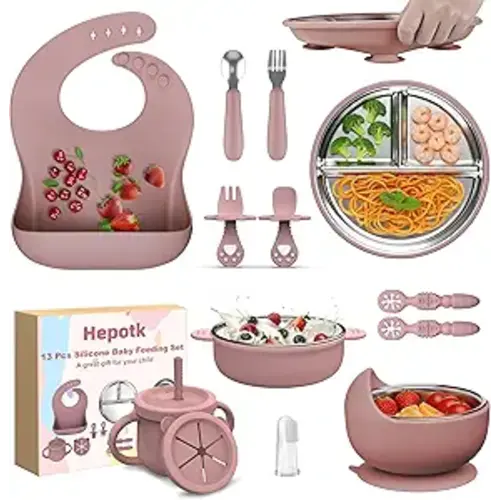 13 Pack Silicone Baby Feeding Set, BPA-Free Stainless Steel Toddler Feeding Supplies, Include Suction Plates, Baby Bowls, Silicone Fork & Spoon, and More, First Stage Baby Dish Set - 6+ Months