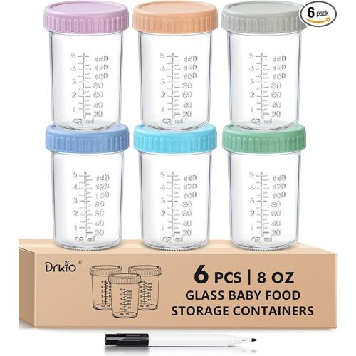 DRKIO 6 Pack Glass Baby Food Storage Containers - 8 Oz Baby Food Jars with Lids Baby Food Maker Microwave Dishwasher Freezer Safe 100% Leak Proof BPA Free Reusable