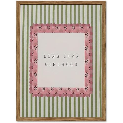 Long Live Girlhood Wall Art Vintage Girl Nursery Wall Decor Picture, Pink and Green Striped Baby Girls Poster Canvas Print Painting Artwork for Living Room Bedroom 12x16 inch Wood Framed