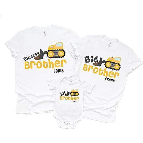 Personalized Biggest Brother Big Brother Little Shirt Set of 3 Construction Trucks Tshirts Boys