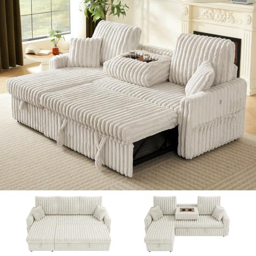 KCGKCG Sleeper Sofa Bed, 81” Pull Out Couch Bed, 3 in 1 L-Shaped Couch with Charging Station, Cup Holder, Side Pocket, Couches for Living Room(Plush Beige)