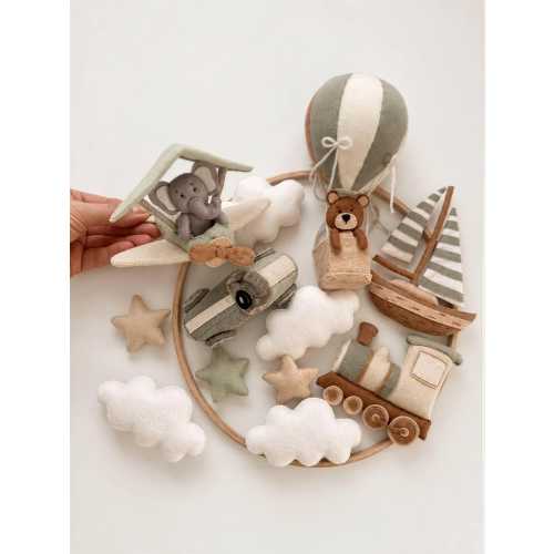 Nursery Mobile: Vintage Travel Theme - Teddy Bear & Felt Toys
