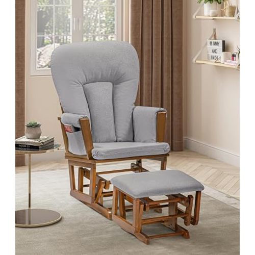 Suite Bebe Contempo Nursery Rocking Chair with Ottoman, Wooden Glider for Baby Nursing, Smooth Gliding Rocker, Walnut Wood and Dove Gray Fabric