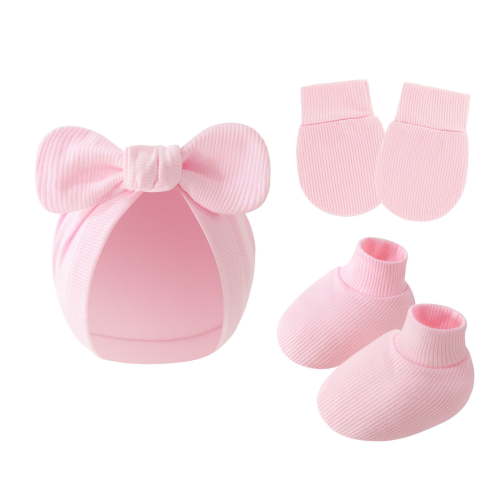 Anti Scratch Baby Bowknot Hat Gloves and Foot Covers Set Soft Cotton Newborns Unisex Mittens with Turban Hat Socks