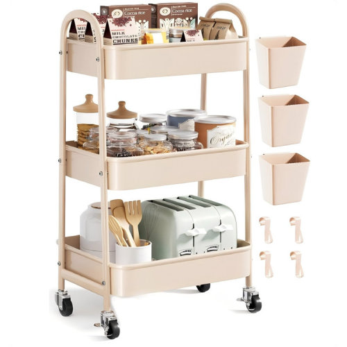 Elaine Mercure 3 Tier Rolling Cart Metal On Wheels, Three Tiered Storage Organizer Utility Trolley With Wheels For Art, Craft, Baby Diaper Caddy, Snack, Book, Nail, Lash, Cleaning Supplies, Kitchen | Wayfair