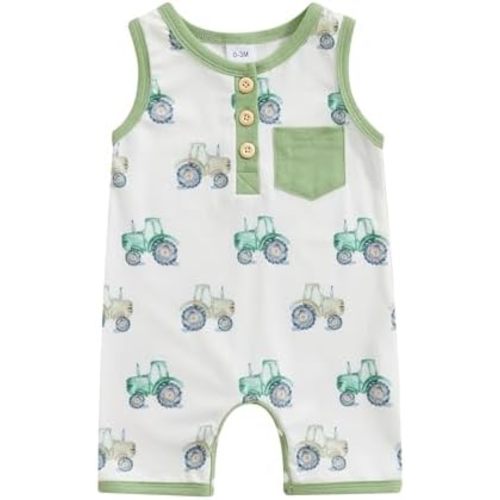 Summer One Piece Outfits Infant Baby Boy Sleeveless Tank Romper Tractor Animal Print Jumpsuit Button Pocket Clothes