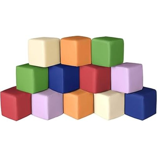 Foam Building Blocks for Kids: 12-Pieces PU Leather Colorful Foam Blocks - Building Toys for Toddler - Giant Stacking Blocks Toys - Soft Indoor Playset for Birthday Gift Preschool Learning (Classic)